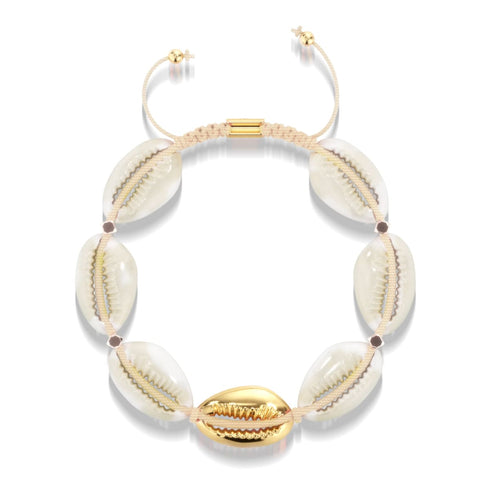 Natürliche Kauri-Muschel | Gold | Cremefarbenes Makramee-Armband